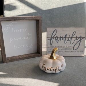 Hobby Lobby White Ceramic Pumpkin with Gold Stem and wood frame table decor